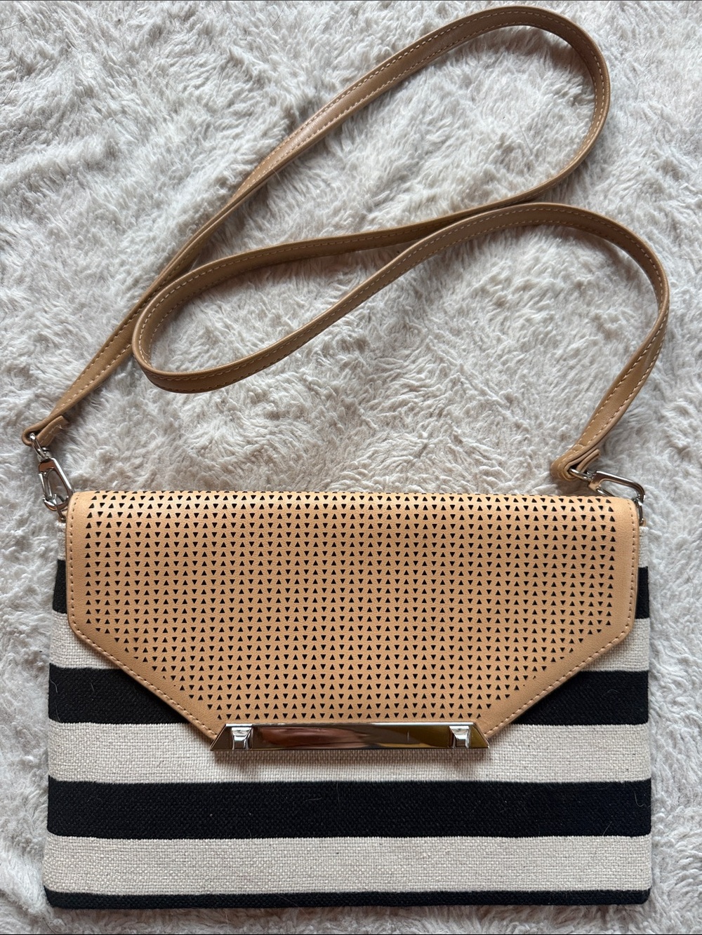 Stella & Dot Black and Tan Striped Crossbody with Perforated Flap